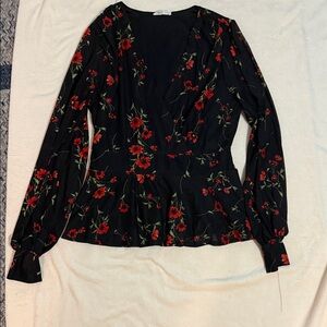 Elegant Floral Long Sleeve Blouse in Black and Red